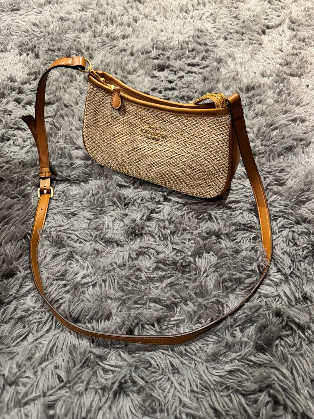Coach Natural Straw and Tan Leather Shoulder Bag